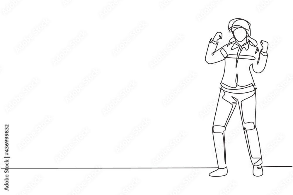Single continuous line drawing female firefighter stood with celebrate gesture, wearing helmet and uniform work to extinguish fire at building. Dynamic one line draw graphic design vector illustration