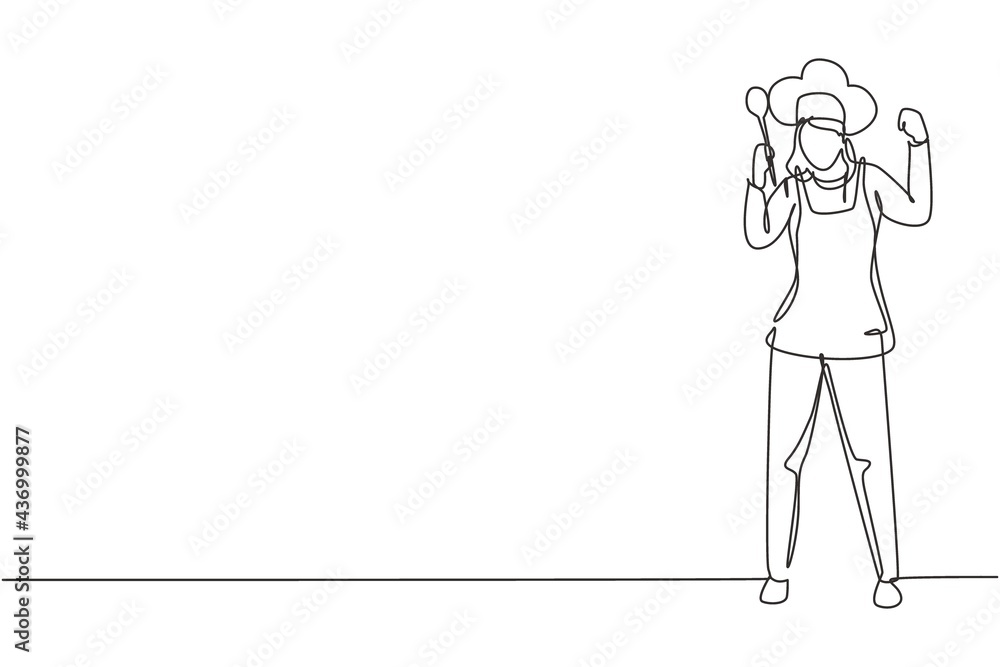 Single one line drawing female chef stands with celebrate gesture, holding spoon and wearing apron prepares ingredients to cook the best dishes. Continuous line draw design graphic vector illustration