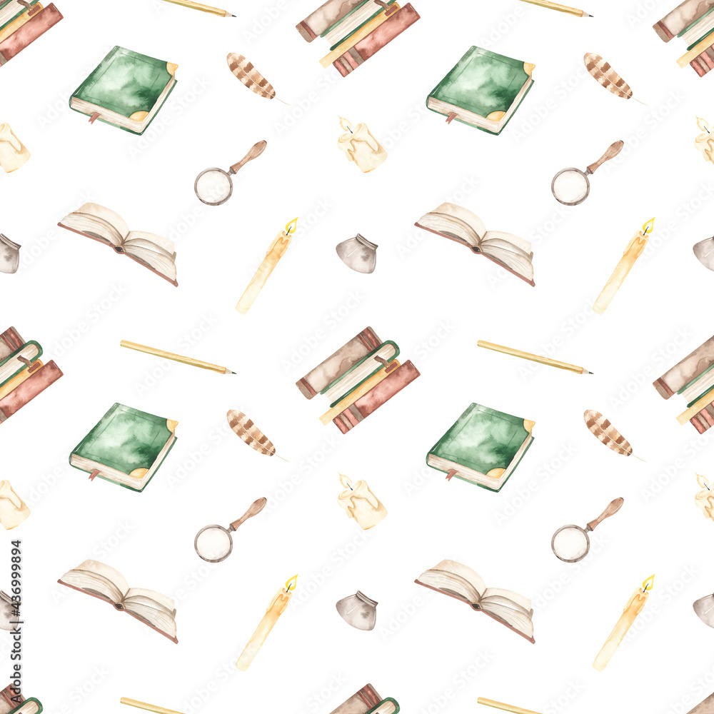 Fototapeta premium Watercolor seamless pattern with magic items, books, feathers, ink, candles, magnifying glass on a white background