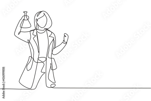 Single one line drawing female scientist with celebrate gesture and holding measuring tube to examining chemical solution to make vaccine. Continuous line draw design graphic vector illustration