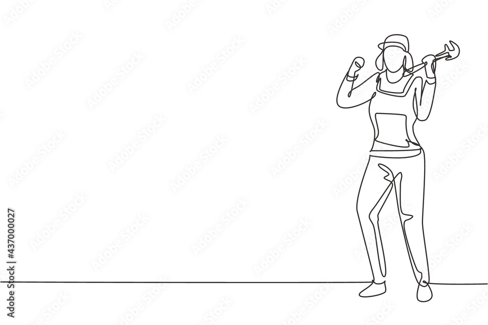Single one line drawing female plumber stands with celebrate gesture and holding carpentry tool fixing broken plumbing at home. Successful job. Continuous line draw design graphic vector illustration Single one line drawing female plumber stands with celebrate gesture and holding carpentry tool fixing broken plumbing at home. Successful job. Continuous line draw design graphic vector illustration