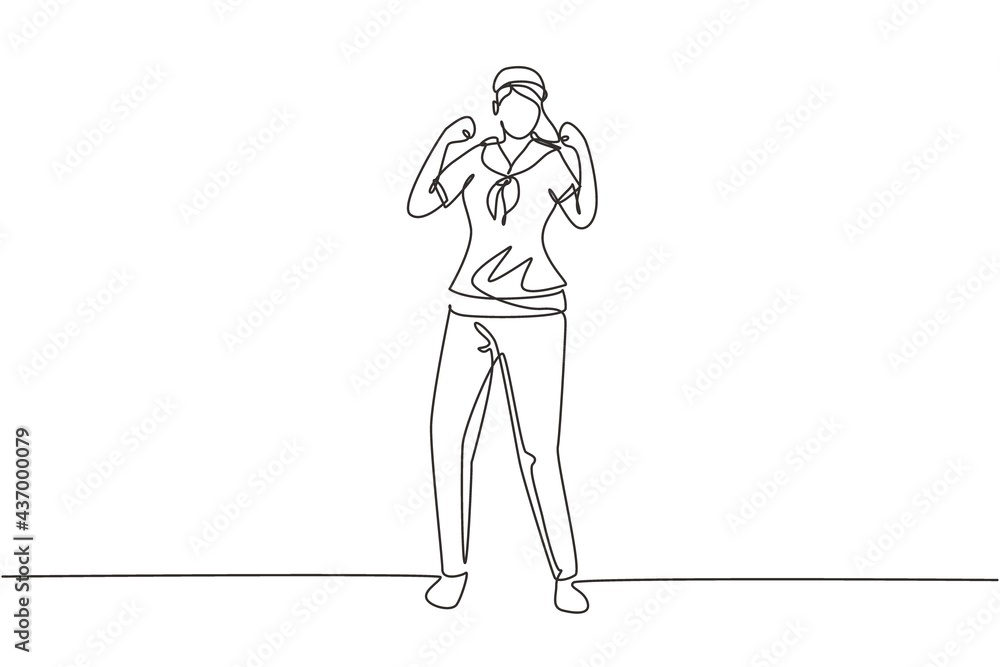 Single one line drawing sailor woman stands with celebrate gesture and scarf join cruise ship carrying passengers traveling across seas. Modern continuous line draw design graphic vector illustration