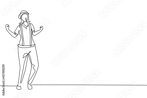 Single continuous line drawing female mime artist stands with celebrate gesture and white face make-up makes audience laugh with silent comedy. Dynamic one line draw graphic design vector illustration