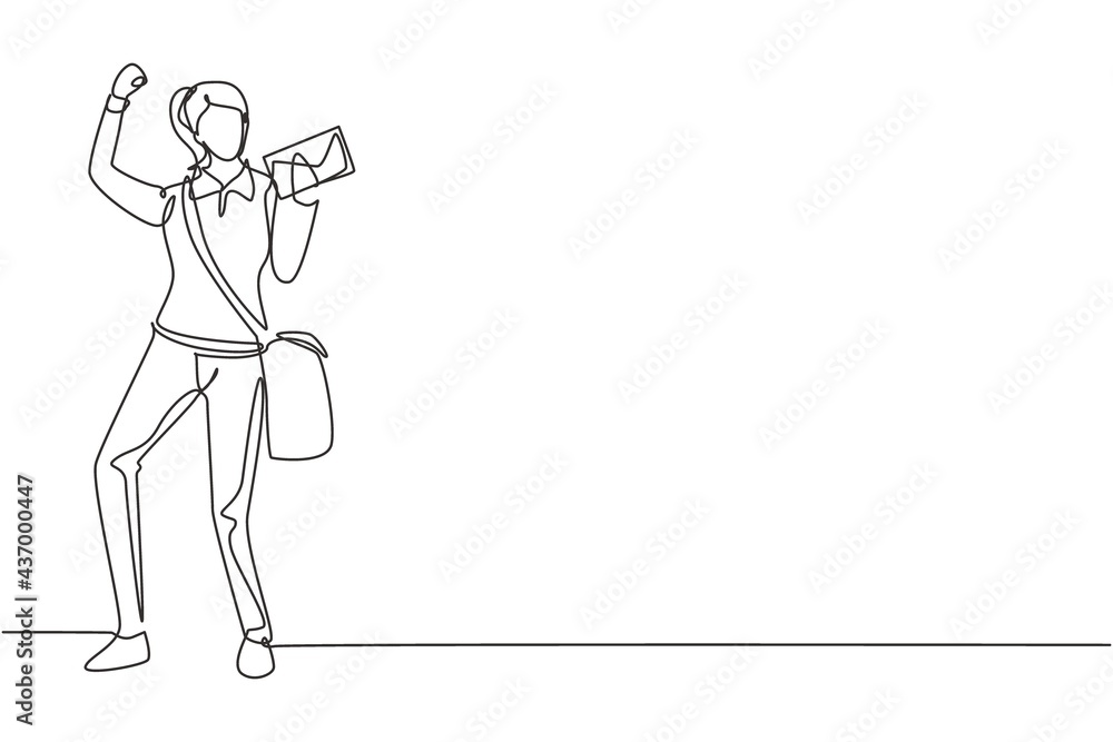 Continuous one line drawing postwoman standing with celebrate gesture, wearing uniform, bag, and holding envelope delivering mail to home address. Single line draw design vector graphic illustration
