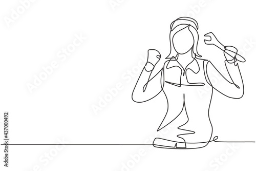 Continuous one line drawing female mechanic with celebrate gesture and holding wrench works to fix broken car engine in garage. Success business. Single line draw design vector graphic illustration