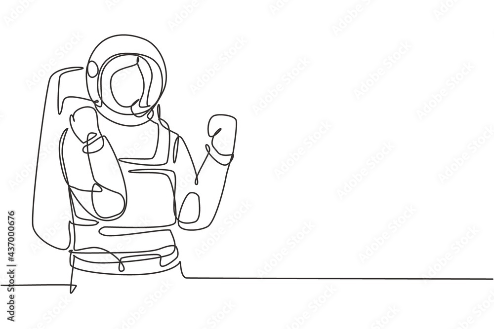 Continuous one line drawing female astronaut with celebrate gesture wearing spacesuits to explore outer space in search mysteries of universe. Single line draw design vector graphic illustration Continuous one line drawing female astronaut with celebrate gesture wearing spacesuits to explore outer space in search mysteries of universe. Single line draw design vector graphic illustration