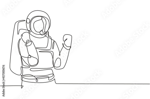 Continuous one line drawing female astronaut with celebrate gesture wearing spacesuits to explore outer space in search mysteries of universe. Single line draw design vector graphic illustration