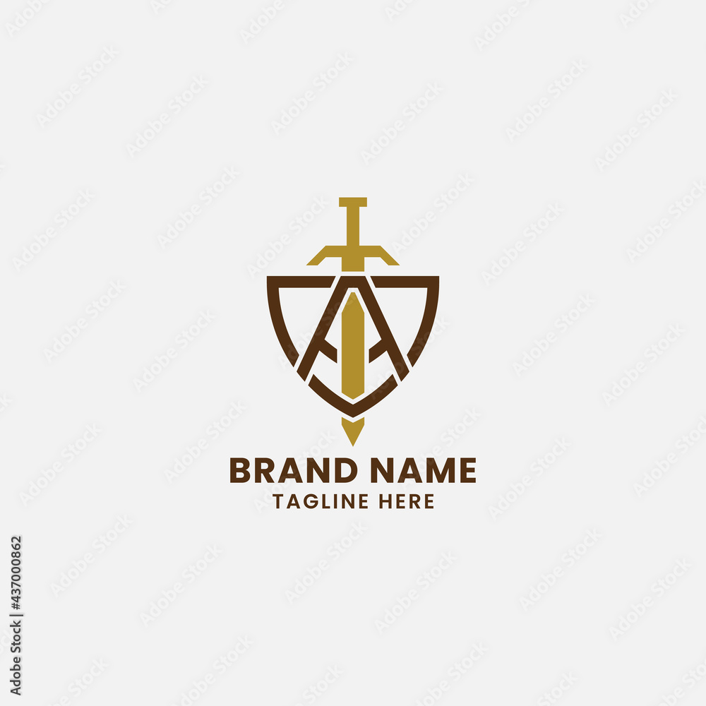 Letter A and Sword on Shield Monogram Initial Logo in White Background Letter A and Sword on Shield Monogram Initial Logo in White Background