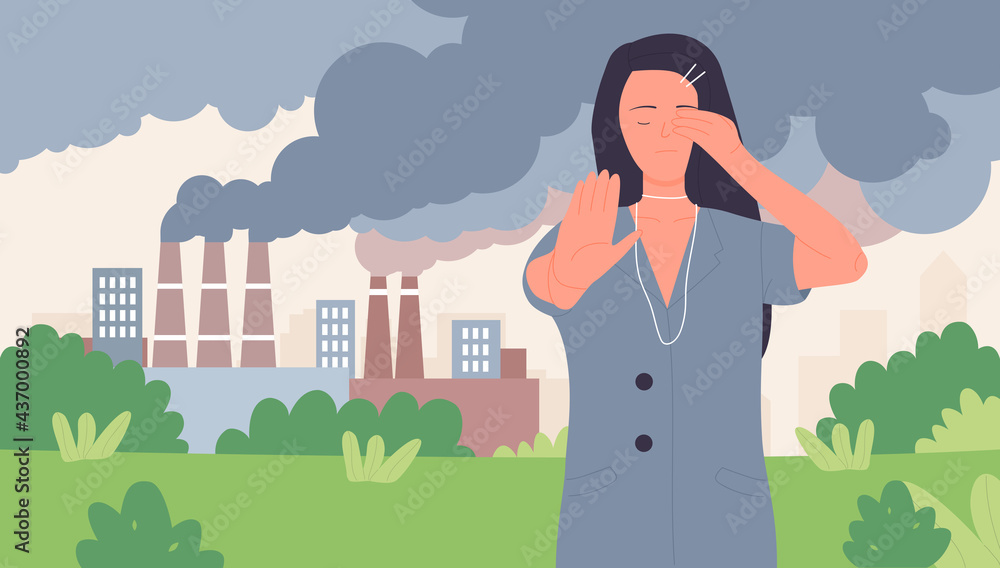 Stop dust fume air pollution, save ecology vector illustration. Cartoon, young woman volunteer character showing stop gesture to industrial smog from factory chimney, ecological poster background Stop dust fume air pollution, save ecology vector illustration. Cartoon, young woman volunteer character showing stop gesture to industrial smog from factory chimney, ecological poster background
