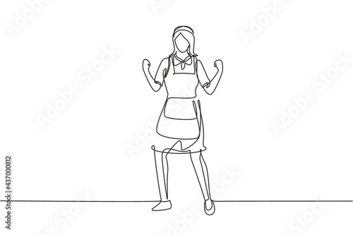 Single one line drawing maid in hotel stood with celebrate gesture and uniform clean up bed, bed sheet, blanket, pillow in hotel room. Modern continuous line draw design graphic vector illustration