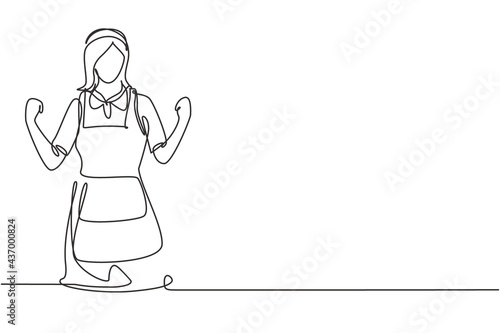 Single continuous line drawing maid in hotel with celebrate gesture and in neat uniform. Tidying up messy bed in hotel room. Professional work. Dynamic one line draw graphic design vector illustration