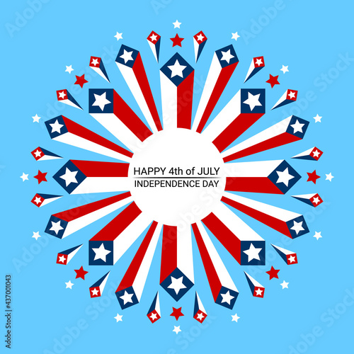 The 4th of July Designs Design element for Fourth of July holiday events. Flying boxes with stars in 3 colors of red, white, blue, isolated on light-blue background. Vector design in EPS8.