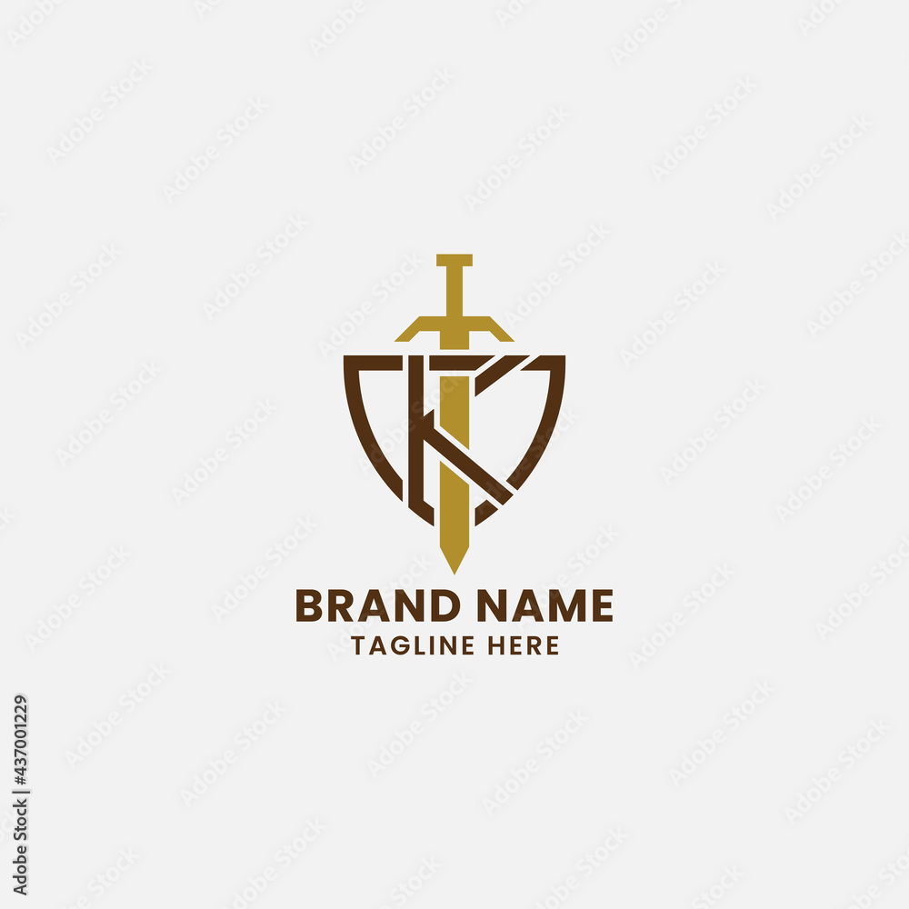 Letter K and Sword on Shield Monogram Initial Logo in White Background Letter K and Sword on Shield Monogram Initial Logo in White Background