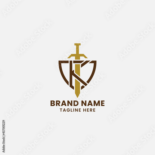 Letter K and Sword on Shield Monogram Initial Logo in White Background