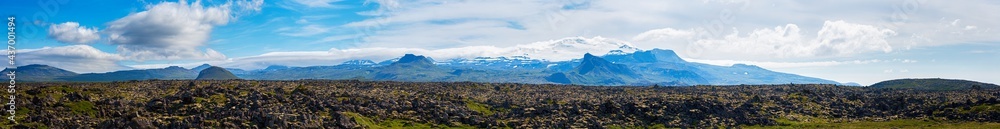 View of Lava and moss landscape in snaefellsjokull national park in western iceland. The Snaefellsjokull snow-fell glacier) is a 700,000-year-old glacier-capped stratovolcano in western Iceland. 