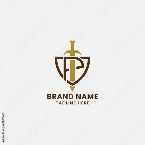 Letter P and Sword on Shield Monogram Initial Logo in White Background