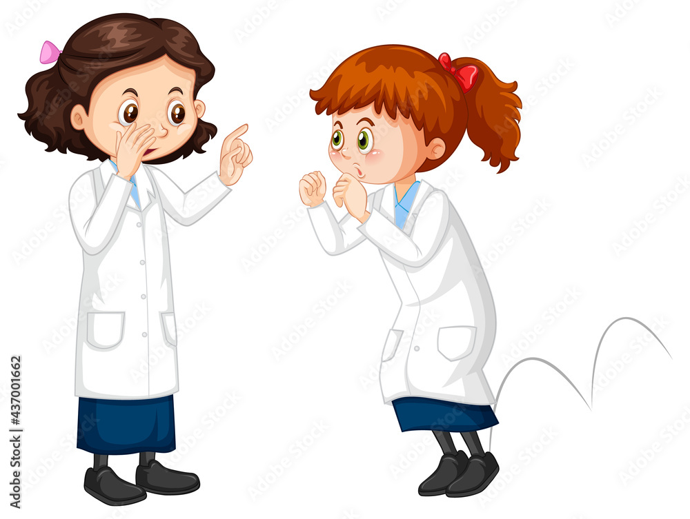 Two scientist girls cartoon character talking each other Two scientist girls cartoon character talking each other