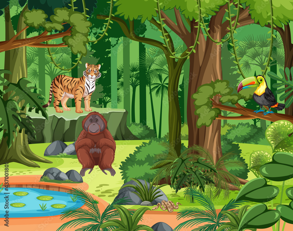 Naklejka premium Tropical rainforest scene with various wild animals