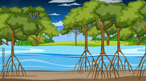 Nature scene with Mangrove forest at night in cartoon style © blueringmedia