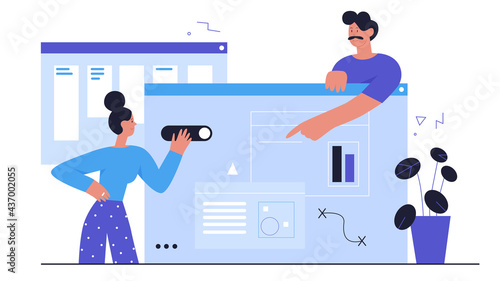 People develop ui ux design, abstract web development process vector illustration. Cartoon team of developer designer characters work on graphic interface, usability website app isolated on white