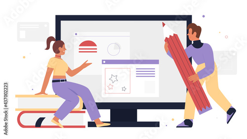 Ui ux design web development vector illustration. Cartoon woman developer character sitting on books next to computer screen, man holding big pencil, work on website application isolated on white