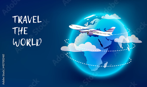 Earth and Airplane in clouds. Airplanes fly around the planet Earth with continents and oceans. Colorful plane. Airplane flight, air travel world. Vector illustration.