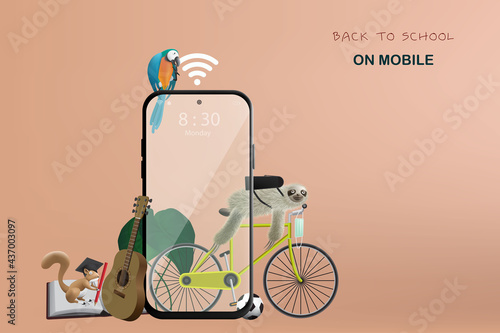 Online education concept for open semester with sloth squirrel macaw smartphone bike and face mask for protection against virus and dust with text back to shcool and symbol wifi connection on beige