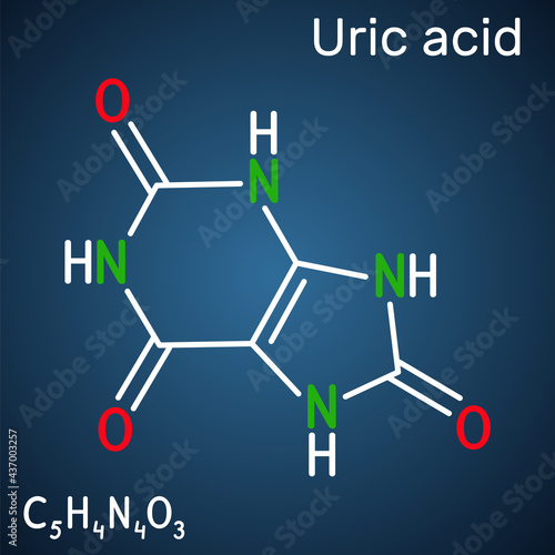 Uric acid molecule. It is heterocyclic compound, crystalline product of protein metabolism, found in the blood and urine. Structural chemical formula on the dark blue background