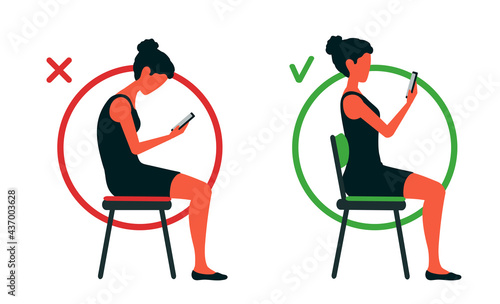 A girl sits on a chair bent and straightened, reading the smartphone. Correct and incorrect sitting position. Slouching back. A posture before and after, changing. Healthy spine vector illustration.