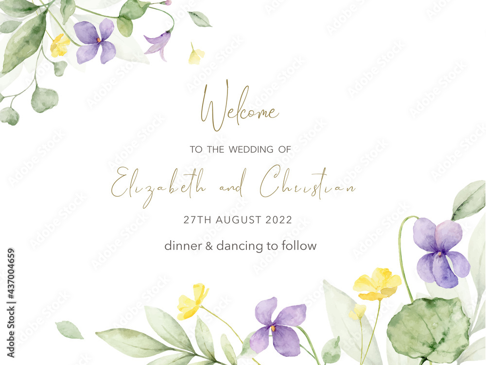 Watercolor hand painted wedding invitation card template.