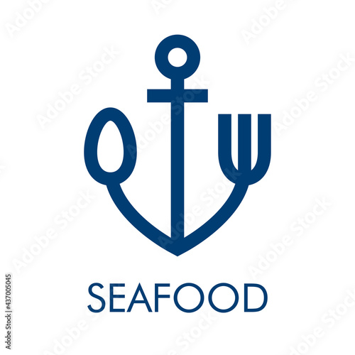 Logotipo con texto Seafood con ancla de barco con forma de cubiertos con lineas de color azul