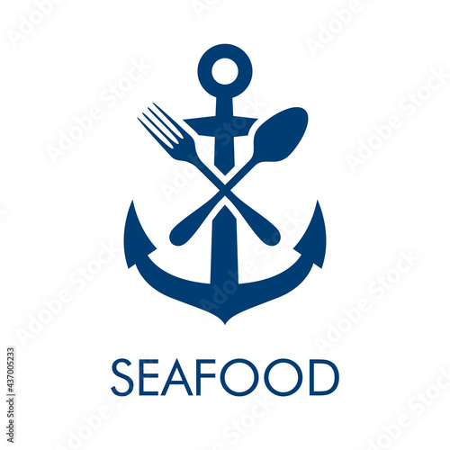 Logotipo con texto Seafood con ancla de barco con cubiertos en aspa en color azul