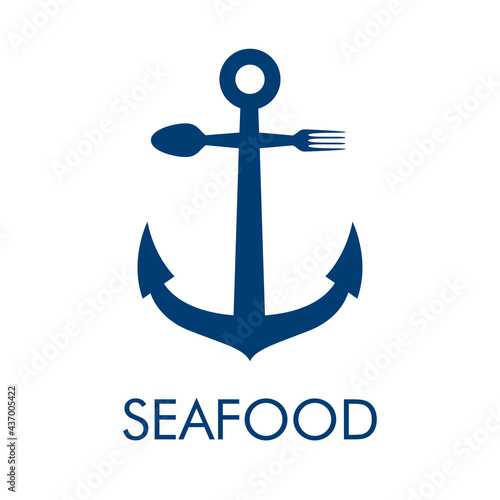 Logotipo con texto Seafood con ancla de barco con forma de cubiertos en color azul
