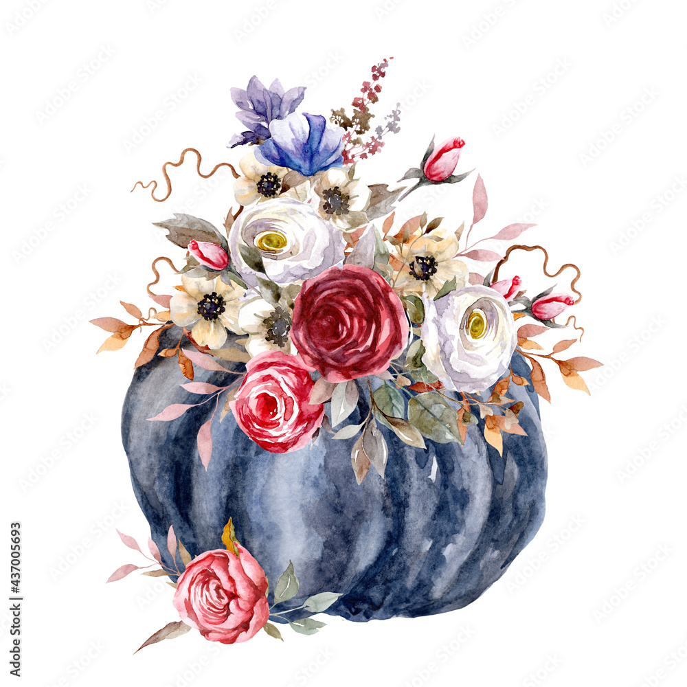 Fototapeta premium Thanksgiving Day. Pumpkin with roses in boho style. Watercolor illustration.