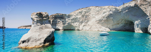 Beautiful bay, Milos island, Greece, panoramic view, banner