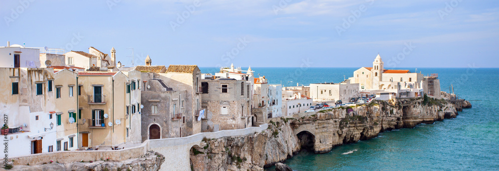 View of Vieste town, Gargano, Puglia, Italy. Panoramic view, banner. Travel, tourist destination, vacations concept