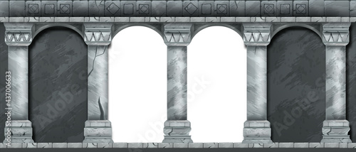Stone ancient arch, vector castle wall, marble gray pillars, architecture facade medieval background. Classic roman column temple entrance, traditional renaissance portal. Stone arch illustration photo