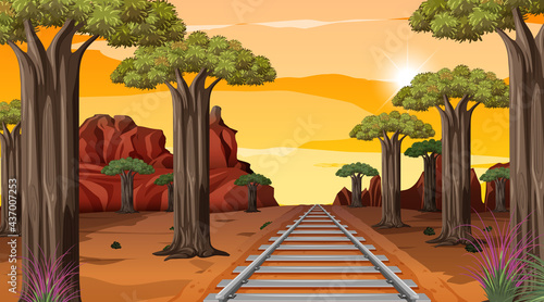 Railway through the desert landscape scene at sunset time