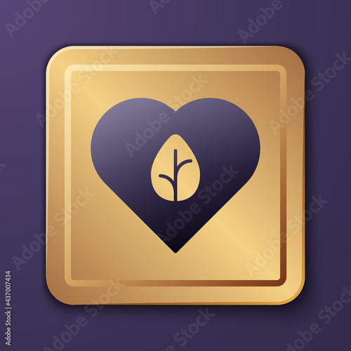 Purple Vegan food diet icon isolated Purple background. Organic, bio, eco symbol. Vegan, no meat, lactose free, healthy, fresh and nonviolent food. Gold square button. Vector