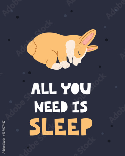 Sleeping breed welsh corgi, kawaii baby pet with hand drawn lettering all you need is sleep. Character concept for poster, card and placard in flat cartoon style. Vector illustration, blue background