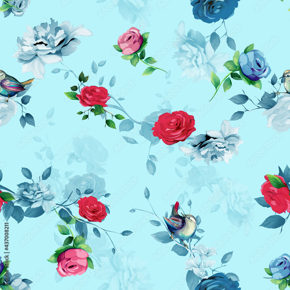 Seamless background pattern with peony, wren birds, abstract flowers, leaves on blue. Hand drawn illustration. vector - stock. Seamless background pattern with peony, wren birds, abstract flowers, leaves on blue. Hand drawn illustration. vector - stock.