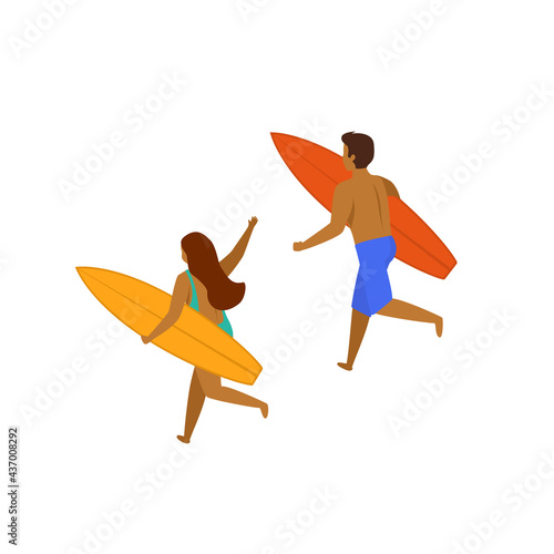 man and woman surfers running with surfboards on a beach, backside view