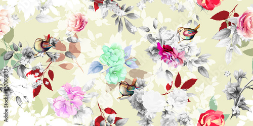 Wide vintage seamless background pattern. Peony, wild flowers, birds around with leaf on light yellow. Abstract, hand drawn, vector - stock.