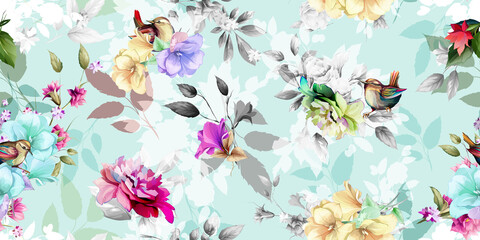 Papier peint photo Style vintage patrons Fleurs sauvages oiseaux fond bleu pastel  © iMacron