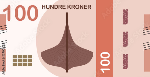 Vector of 100 Norwegian Krones NOK banknote, clipart of official paper cash in Norway