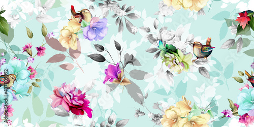 Wide vintage seamless background pattern. Wild flowers, birds around with leaf on light blue. Abstract, hand drawn, vector - stock.