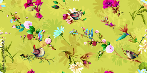 Wide vintage seamless background pattern. Beauty camomile, wild flowers with leaf and birds wren on light green. Abstract, hand drawn, vector - stock. © iMacron