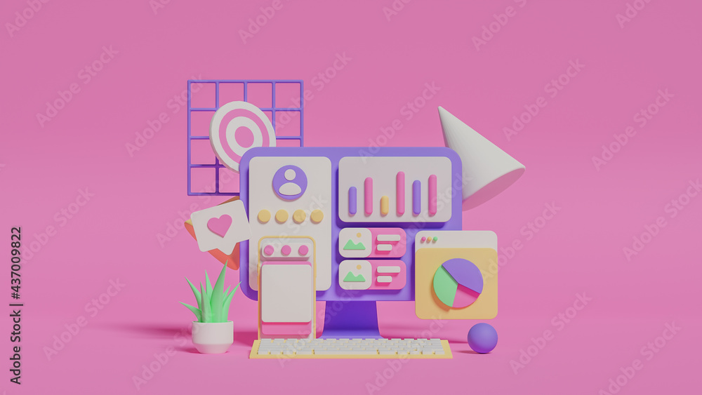 Fototapeta premium 3d illustration of social media marketing analysis. Premium photo