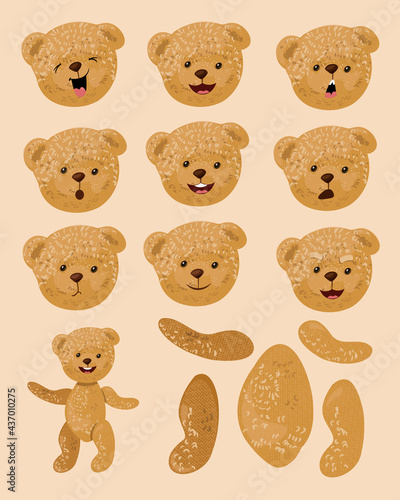 Set for creating a vintage bear. Different emotions, postures, views. Create your own teddy bear for a postcard, advertisement, holiday. Vector illustration.
