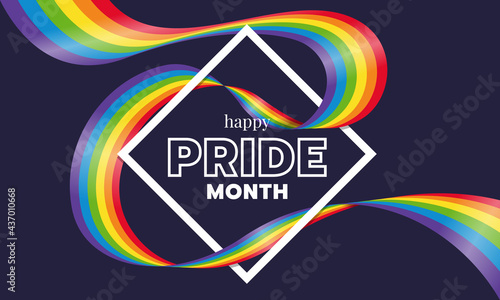 Happy pride month text word in diamond Square frame and rainbow gay pride flag wave around on dark purple background vector design